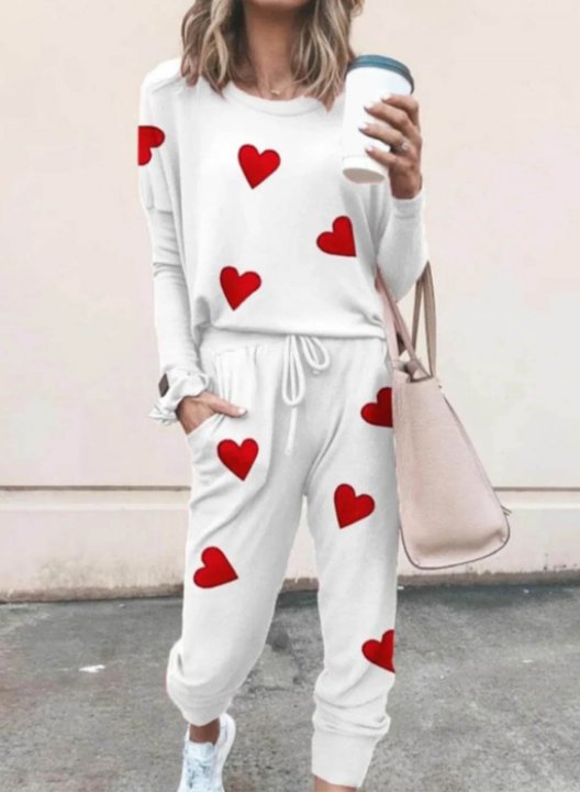 Women's Loungewear Sets Heart-shaped Color Block Round Neck Long Sleeve Slim Ankle-length Two Piece Sets