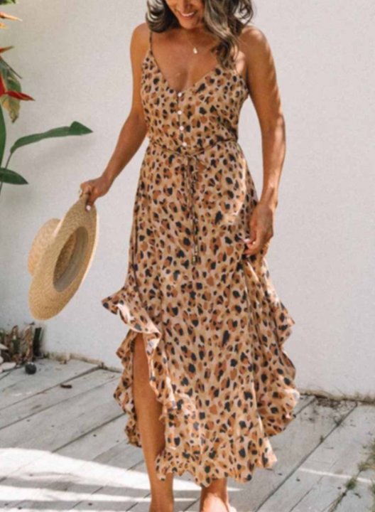 Women's Maxi Dresses Ruffle Leopard Spaghetti Flare V Neck Dress