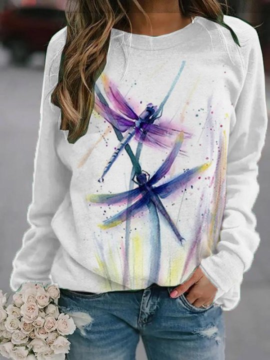 Dragonfly Print Crew Neck Sweatshirt