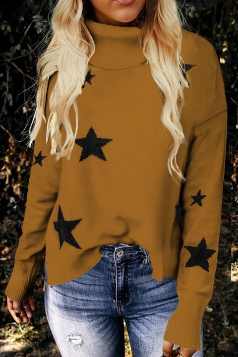 Women's Sweaters Khaki Turtleneck Dropped Sleeve Star Print Sweaters