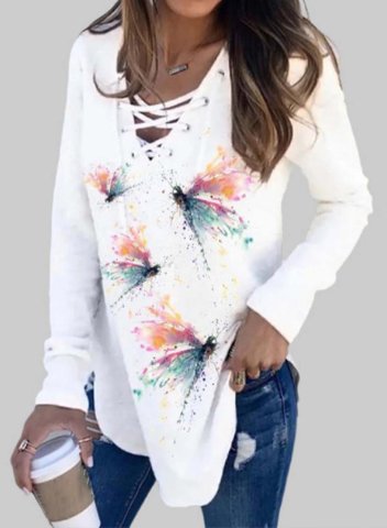 Women's Tunic Tops Casual Dragonfly Color Block V Neck Long Sleeve Daily T-shirts