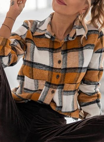 Women's Shirts Plaid Color Block Long Sleeve Turn Down Collar Casual Shirts