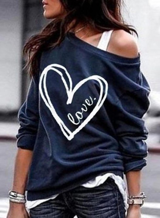 Women's Sweatshirts One shoulder Long Sleeve Solid Heart Sweatshirts