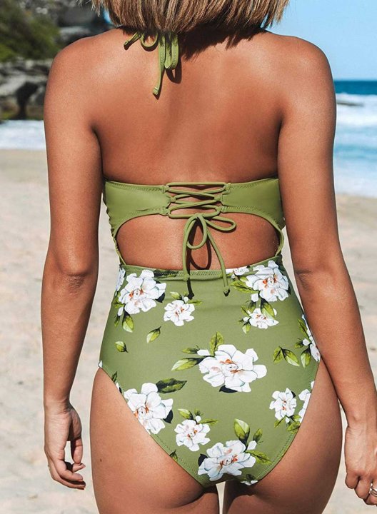 Women's One Piece Swimwear Floral Color Block Halter Vintage Open Back Cut Swimsuit