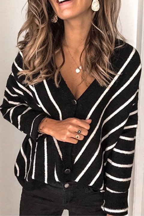 Women's Cardigans V Neck Stripe Long Sleeve Cardigan