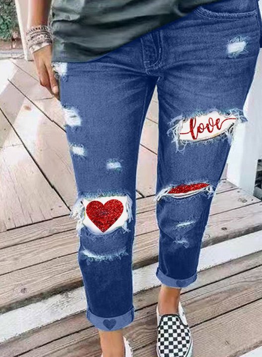 Women's Love & Red Sequin Heart Print Jeans Pants Casual High Waist Slim Color Block Ankle-length Jeans