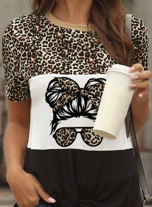 Women's T-shirts Leopard Portrait Print Short Sleeve Round Neck Daily T-shirt