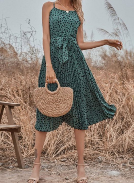 Women's Midi Dresses Belted Polka Dot Spaghetti Dress