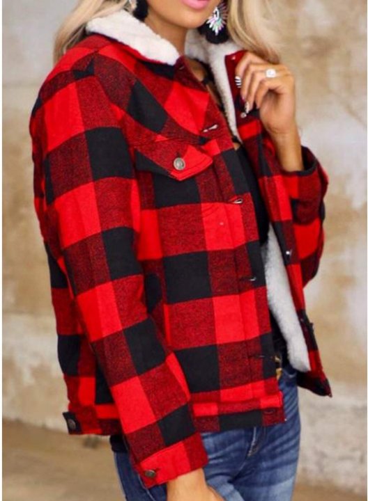 Women's Coats Cotton Plaid Turn Down Collar Coats