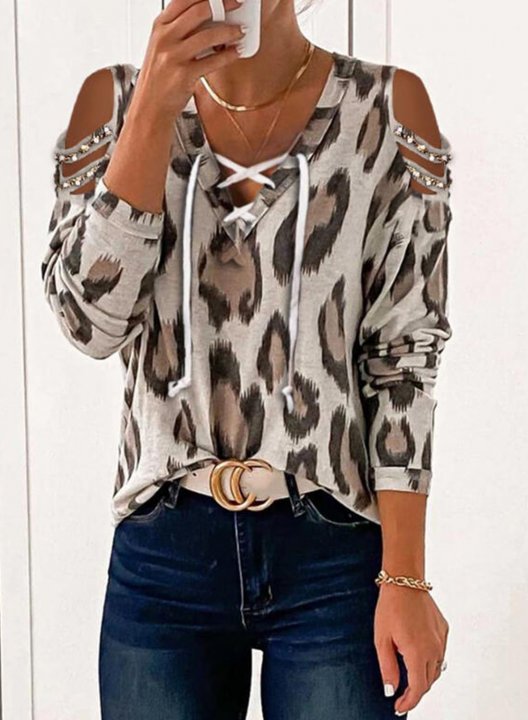 Women's T-shirts Leopard Drawstring Cut-out V Neck Cold Shoulder Long Sleeve Casual Daily T-shirts