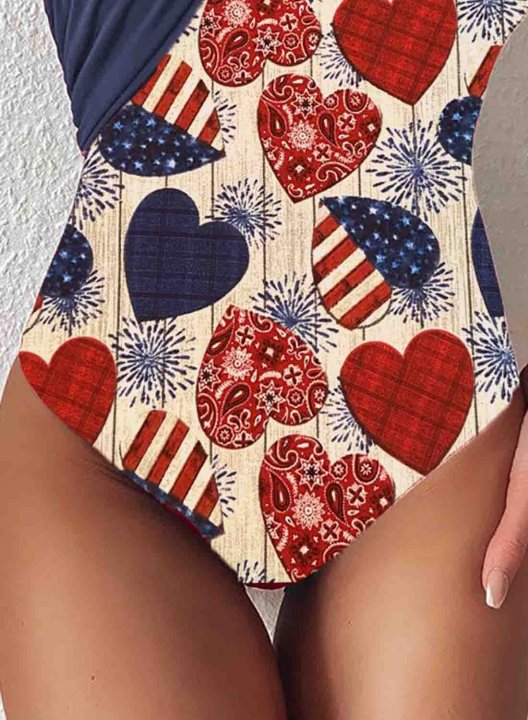 Women's One Piece Swimwear Color Block American Flag 4th Of July Heart-shaped Print One-shoulder One-Piece Swimsuit