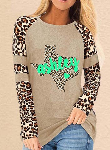 Women's T-shirts Color Block Letter Leopard Round Neck Long Sleeve Casual Daily T-shirts