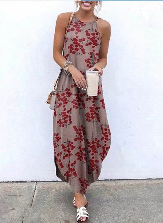 Women's Maxi Dresses Floral Sleeveless A-line V Neck Vacation Beach Boho Maxi Dress