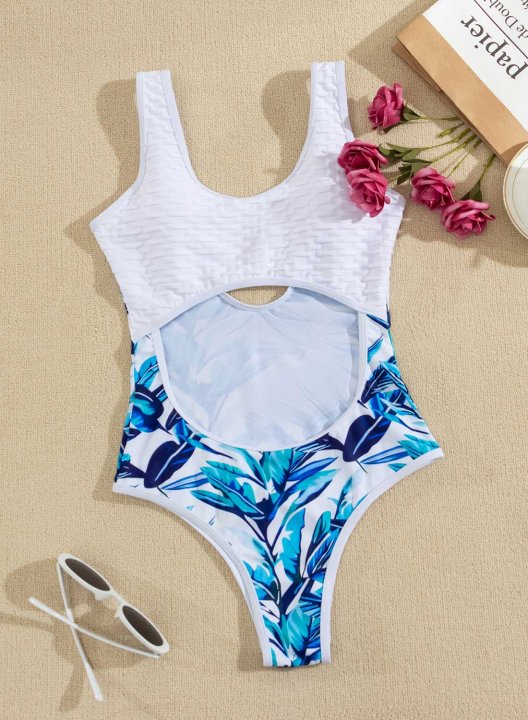 Women's One Piece Swimwear Floral Open Back Waistless U Neck Bump Check One-Piece Swimsuit