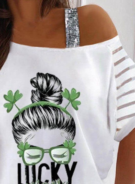 Women's St Patrick's Day Lucky Mama T-shirts Portrait Print Short Sleeve One-shoulder Daily T-shirt