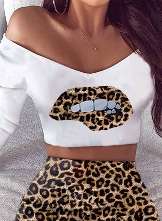 Women's Two-Piece Dresses Cropped Leopard Long Sleeve V Neck Daily Mini Two-Piece Dress