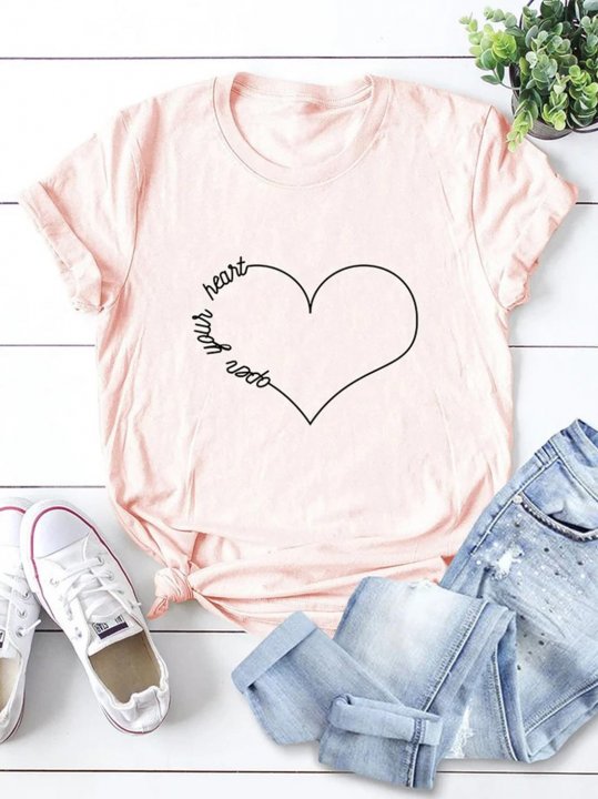 Women's Open Your Heart Letter Print T-shirts Casual Solid Heart-shaped Round Neck Short Sleeve Daily T-shirts