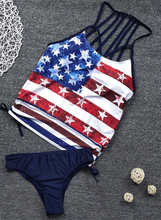 Women's Tankinis Padded American Flag Low Rise Spaghetti Vacation Beach Tankini