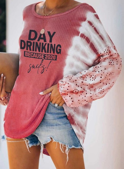 Tie Dye Day Drinking because 2020 Sucks Print Long Sleeve Off Shoulder Loose Tunic Sweatshirt