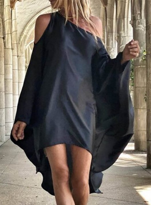 Women's Mini Dress Solid Fit & Flare Long Sleeve One Shoulder Asymmetric Casual Beach Mini Dress