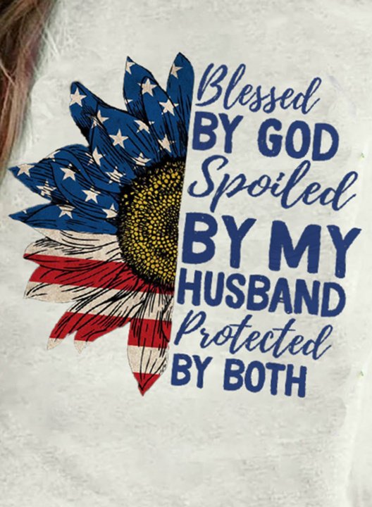 Women's Blessed By God Spoiled By My Husband Protected By Both Sweatshirts Floral Letter Flag Print Sweatshirt