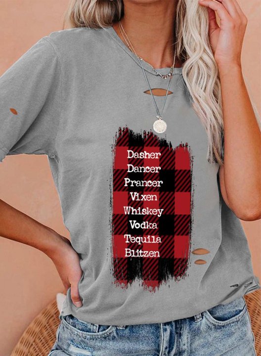 Women's Dasher Dancer Prancer Vixen Moscato Vodka Tequila Blitzen T-shirts Color Block Letter Plaid Short Sleeve Round Neck Casual T-shirt