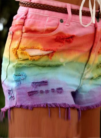 Women's Jeans Shorts Straight Multicolor Rainbow Mid Waist Daily Casual Denim Ripped Shorts