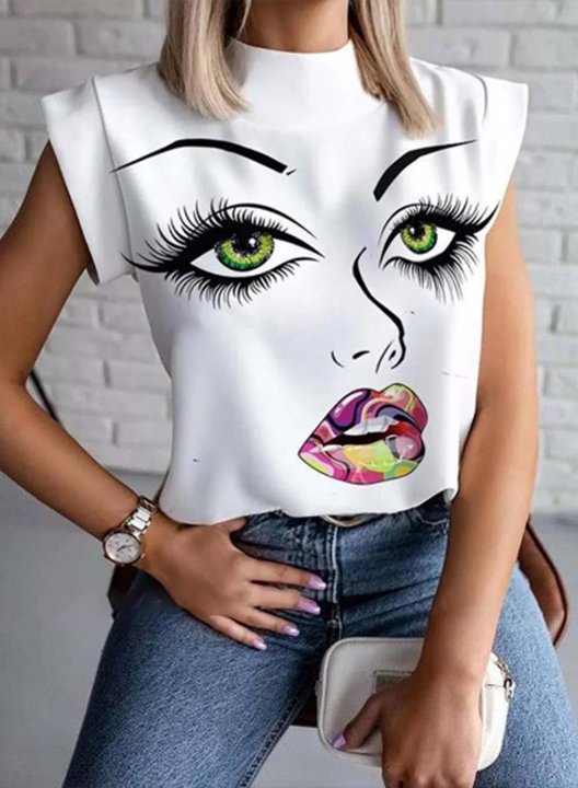 Women's T-shirts Portrait Abstract Color Block High Neck Short Sleeve Daily T-shirts