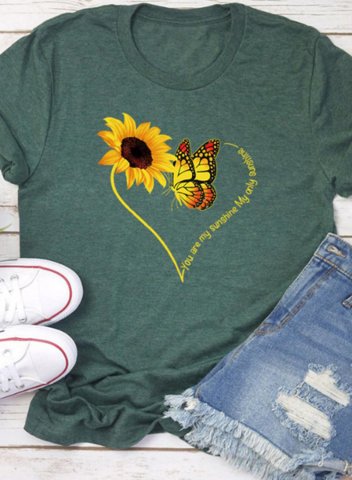 Women's T-shirts Sunflower Butterfly Print Short Sleeve Round Neck Casual T-shirt