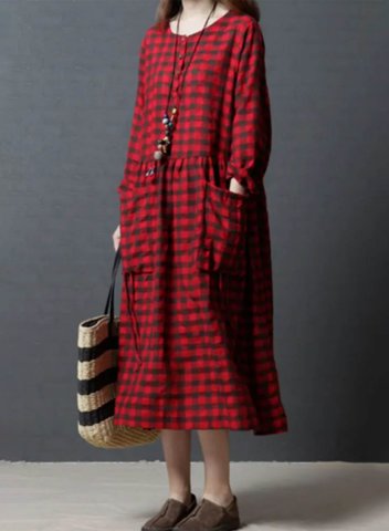 Women's Dress Casual Plaid Color Block Round Neck Long Sleeve Pocket Midi Dress