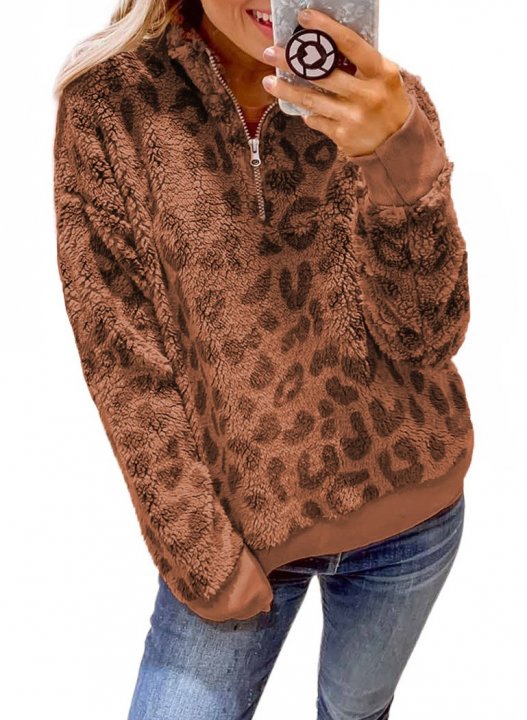 Leopard Long Sleeve High Neck Zip Sweatshirt