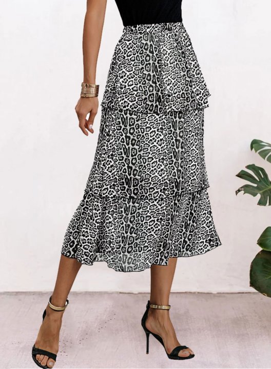 Women's Skirts Leopard High Waist Flare Daily Casual Midi Skirt