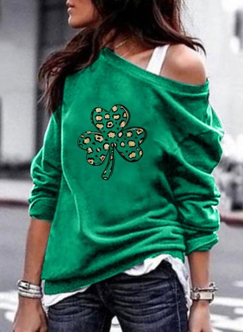 Women's St Patrick's Day Sweatshirts Shamrock Print Long Sleeve Off Shoulder Casual Sweatshirt