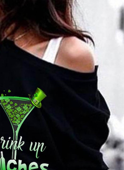 Women's St Patrick's Day Sweatshirt Drink up Bitches Funny Print Cold Shoulder Long Sleeve Casual Daily Pullovers