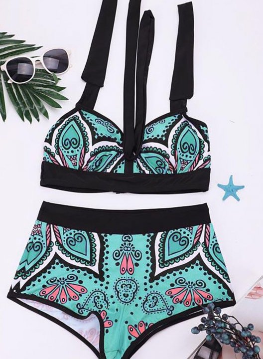 Women's Bikinis Tribal Mid Waist Halter Padded Knot Beach Bikini Bathing Suits