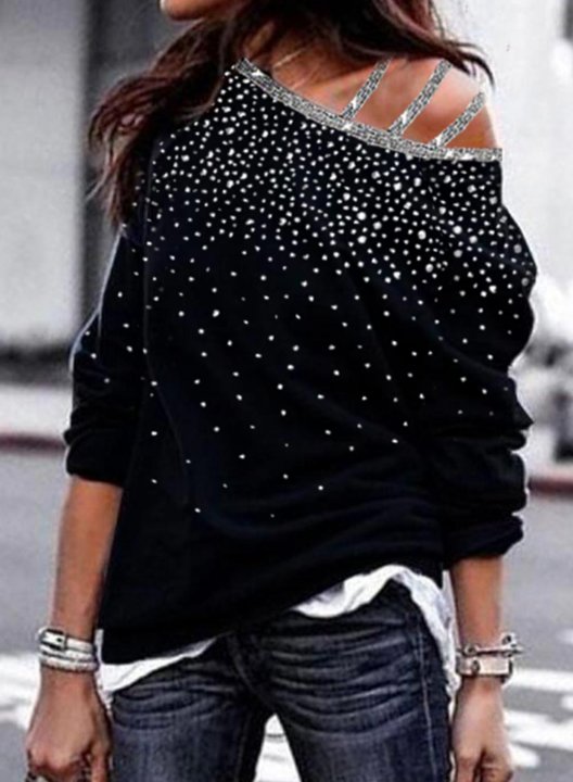 Women Cold Shoulder Rhinestones Sweatshirt