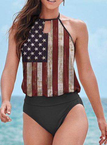 Women's Tankinis Mid Waist American Flag Padded Cut Out Round Neck Vacation Tankini Set