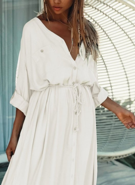 Women's Maxi Dress Solid Shift Button Pocket 3/4 Sleeve V Neck Casual Beach Maxi Dress