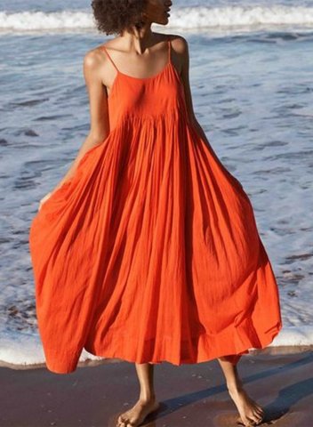 Women's Dress Solid Fit & Flare Spaghetti Sleeveless Summer Vacation Beach Casual Midi Dress