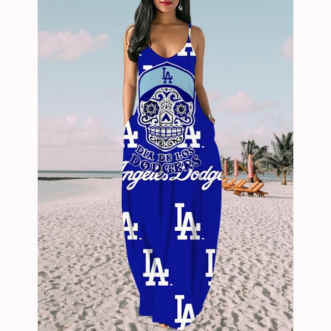 Women's Los Angeles Dodgers Baseball Team Print Sling Pocket Sleeveless Loose Holiday Style Long Dress