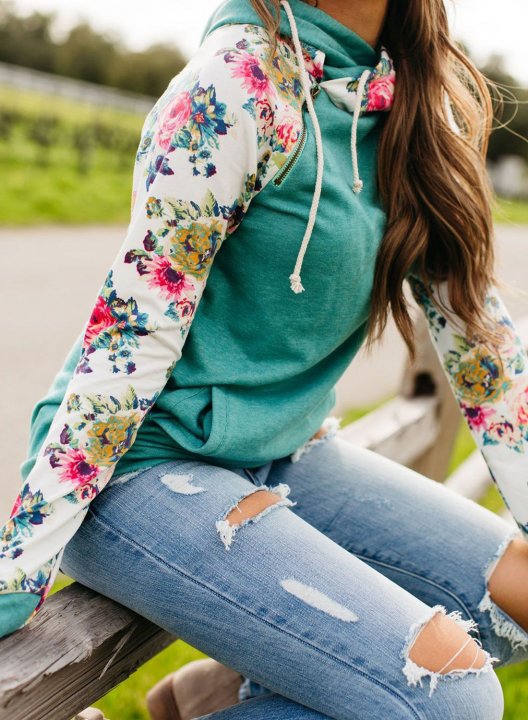 Women's Cowl Neck Hooded Floral Pocketed Sweatshirt