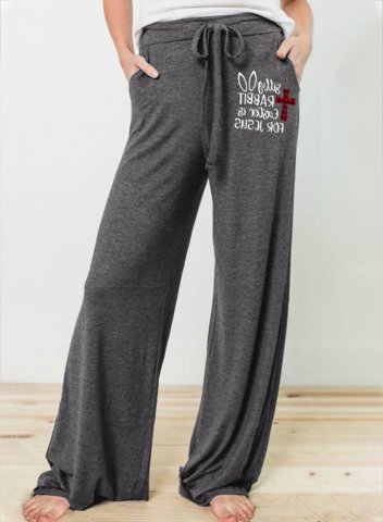 Women's Palazzo Pants Straight Letter Mid Waist Full Length Pocket Drawstring Casual Daily Pants
