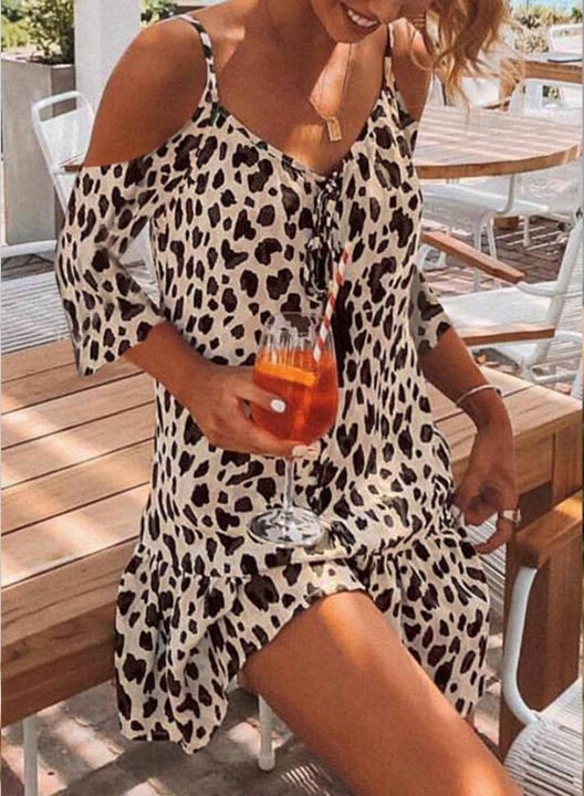 Women's Mini Dresses Fashion Leopard Short Sleeve V Neck Cold Shoulder Casual Beach Dress