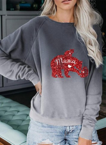 Women's Mama Bear Sweatshirts Bear Print Color Block Long Sleeve Round Neck Casual Sweatshirt