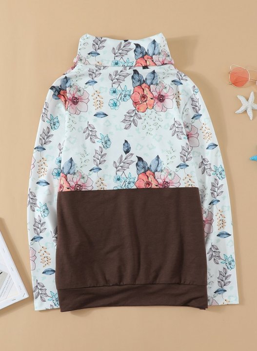 Color Block Long Sleeve High Neck Floral Sweatshirt