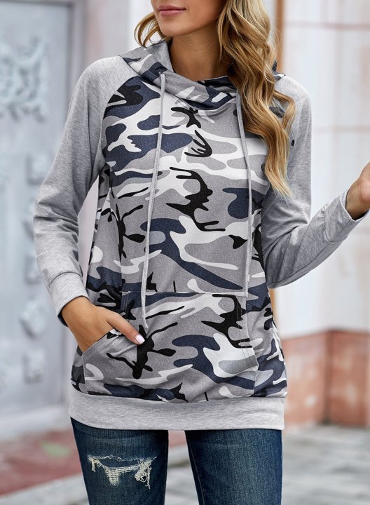 Camouflage Drawstring Pockets Long Sleeve Hoodie