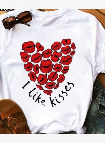 Women's T-shirts I Like Kisses Heart-shaped Lip Letter Print Short Sleeve Round Neck T-shirt