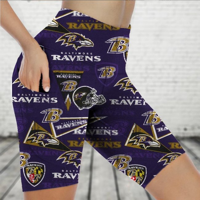 BALTIMORE RAVENS Sports Stretch Fitness Running Side Pocket Shorts Tight-Fitting High-Waist Yoga Pants