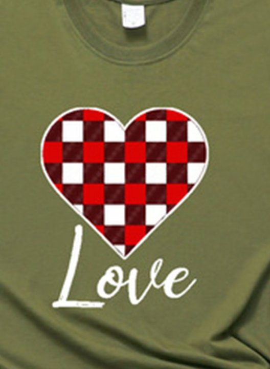 Women's T-shirts Plaid Heart Print Color Block Short Sleeve Round Neck Daily T-shirt