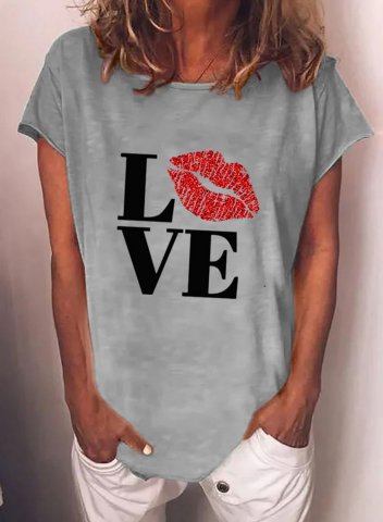 Women's T-shirts Letter Love Lips Short Sleeve Round Neck Casual T-shirt
